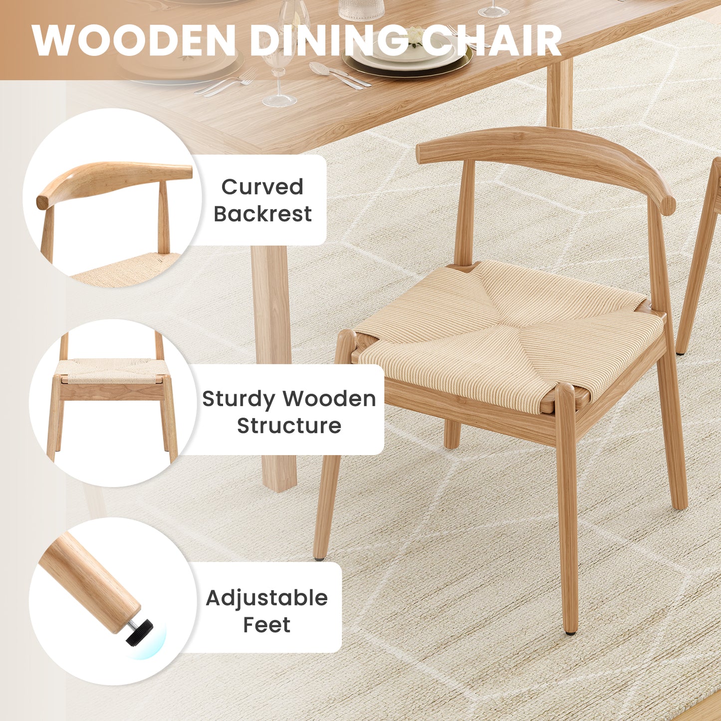 Farini Mid-Century Dining Chairs Set of 4, Solid Wood Frame & Woven Leather Seats, Nature-Beige