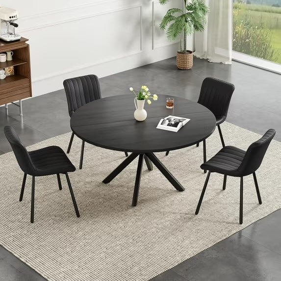 Farini 47" Round Dining Table, Mid-Century Modern Wood Table with Metal Base, Seats 4-6, for Kitchen or Dining Room, Black