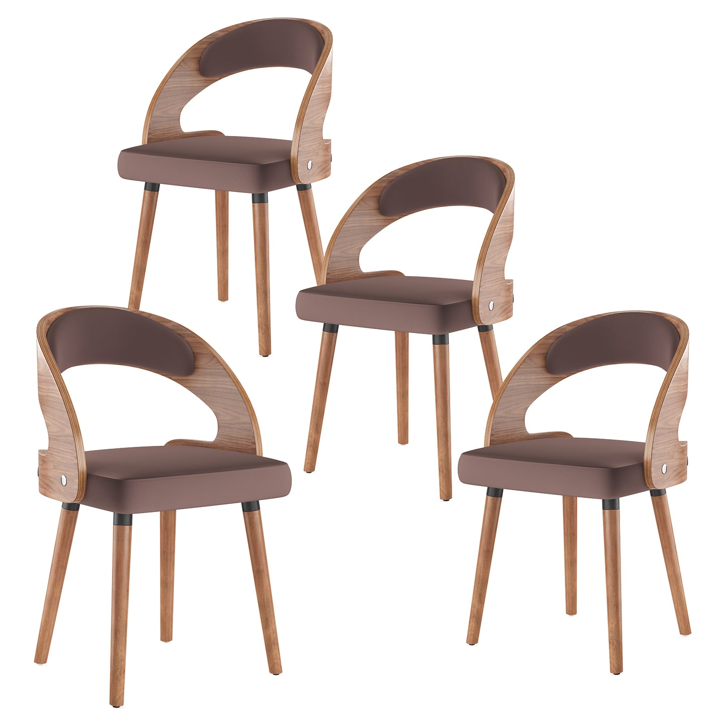 Farini Set of 4 Wood Dining Chairs with Curved Backrest for Kitchen Dining Room, Dark Brown