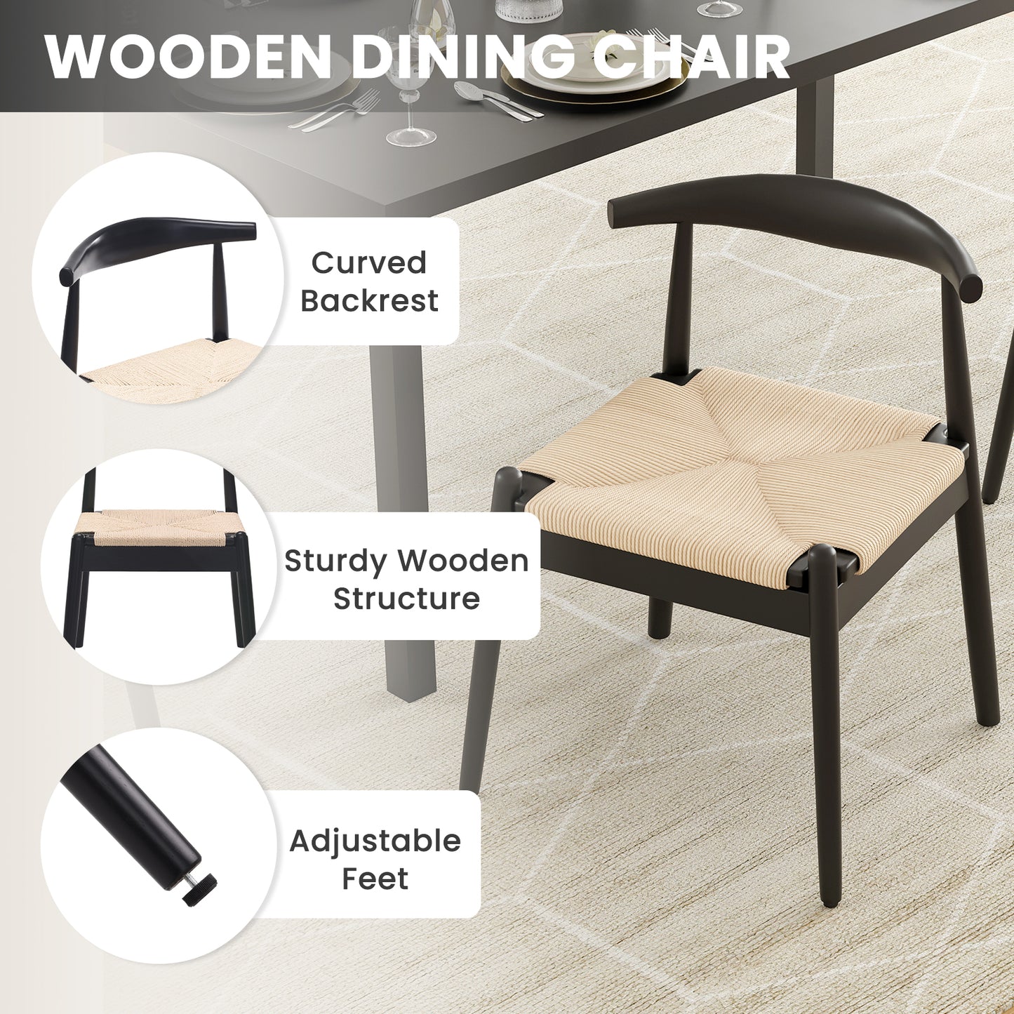 Farini Mid-Century Dining Chairs Set of 2, Solid Wood Frame & Woven Leather Seats, Black-Beige