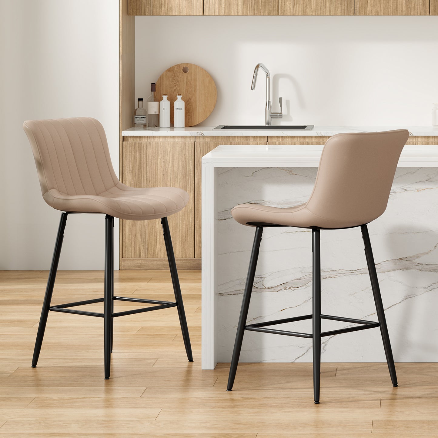 Farini 26" Counter Stools Set of 2, Faux Leather Barstools, Counter Height Chairs for Kitchen Islands & Dining Rooms, Khaki