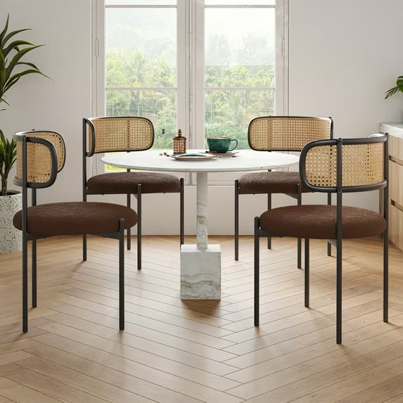Farini Upholstered Dining Chair Set of 4, Rattan Backrest Kitchen Chair, Coffee