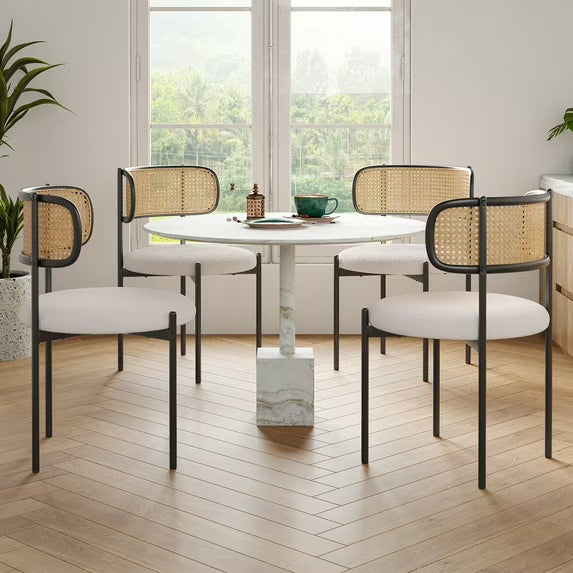 Farini Upholstered Dining Chair Set of 4, Rattan Backrest Kitchen Chair, Beige