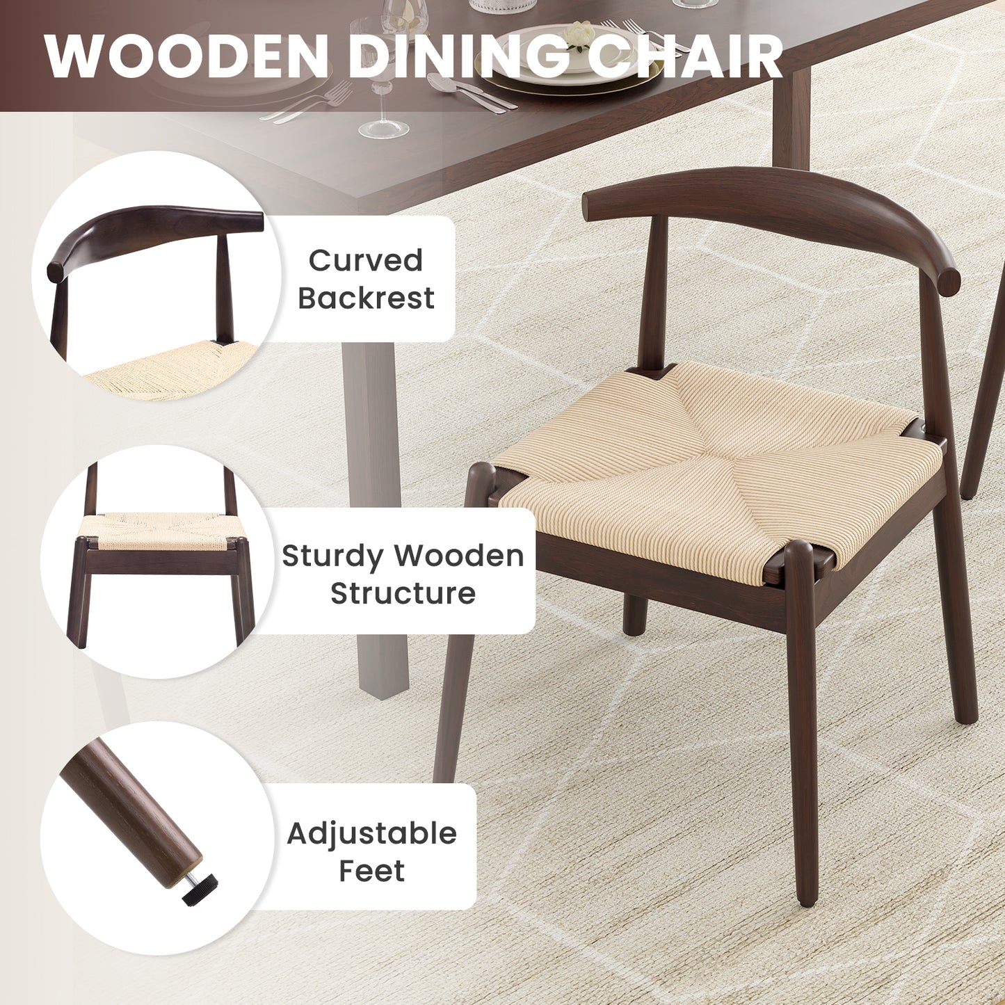 Farini Mid-Century Dining Chairs Set of 2, Solid Wood Frame & Woven Leather Seats, Latte-Beige