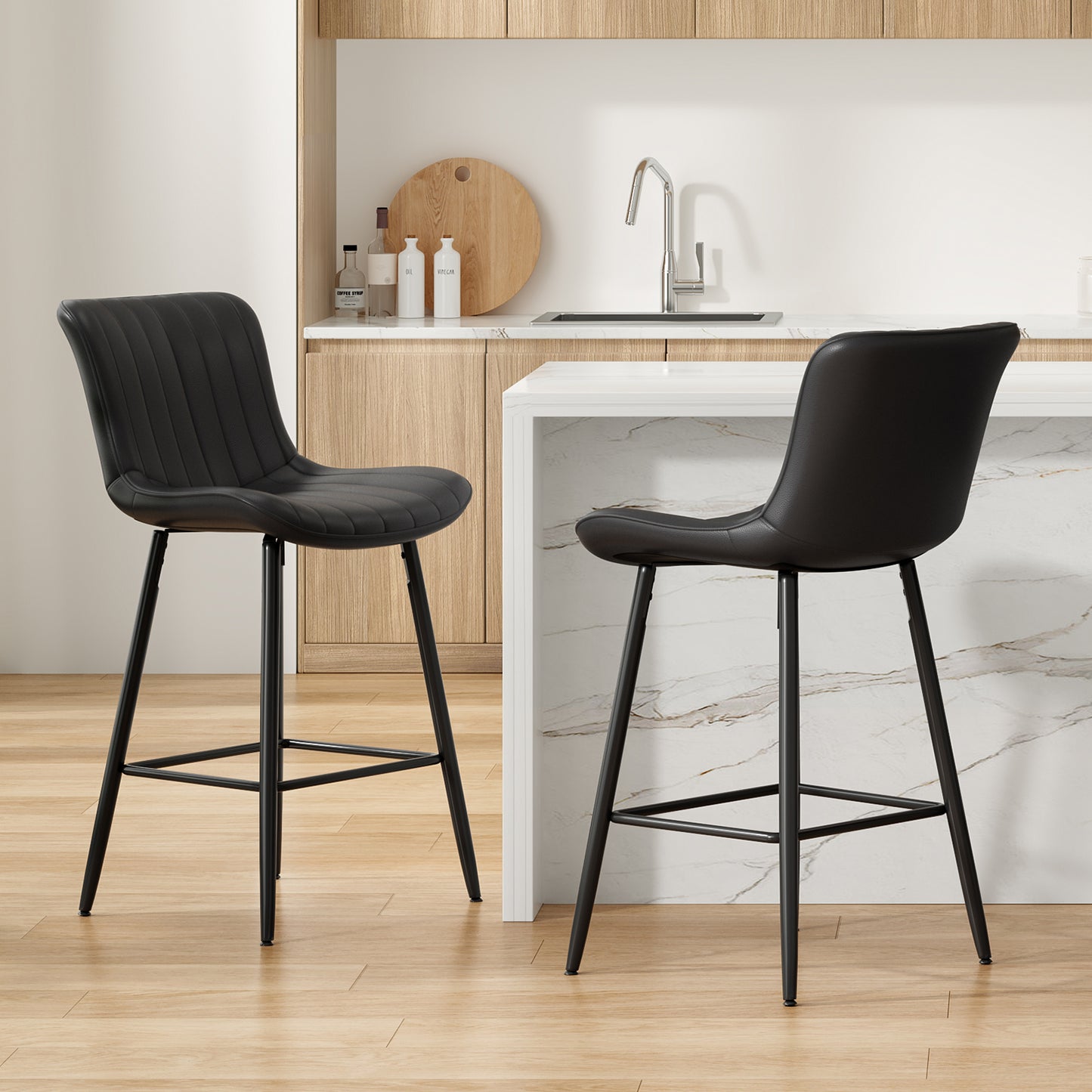 Farini 26" Counter Stools Set of 2, Faux Leather Barstools, Counter Height Chairs for Kitchen Islands & Dining Rooms, Black