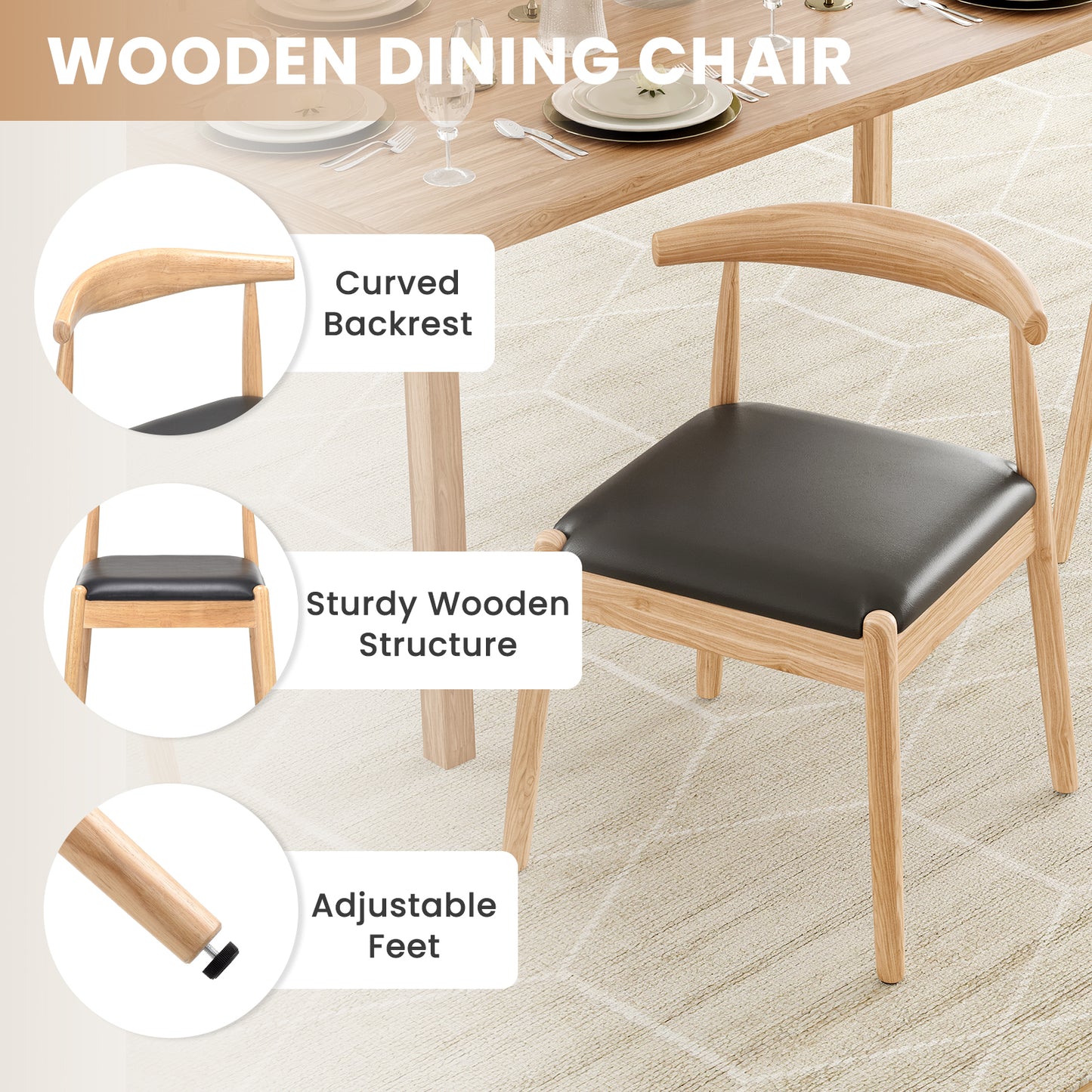 Farini Mid-Century Dining Chairs Set of 4, Solid Wood Frame & PU Leather Upholstered Seats, Nature-Black