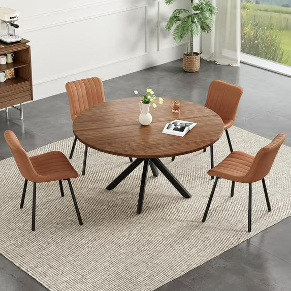 Farini 47" Round Dining Table, Mid-Century Modern Wood Table with Metal Base, Seats 4-6, for Kitchen or Dining Room, Walnut