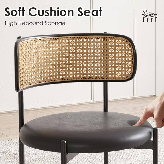 Farini Dining Chairs Set of 2, Upholstered PU Leather & Woven Rattan Side Chairs with Metal Legs for Kitchen, Dining Room, or Cafe, Black