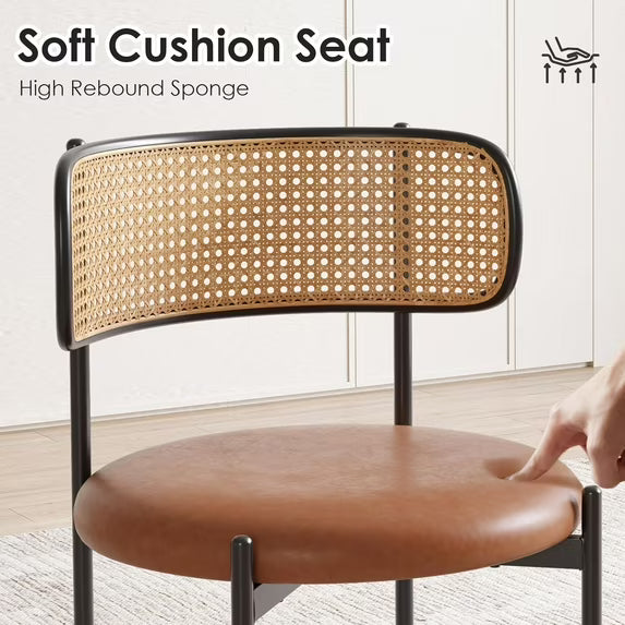 Farini Dining Chairs Set of 4, Upholstered PU Leather & Woven Rattan Side Chairs with Metal Legs for Kitchen, Dining Room, or Cafe, Brown