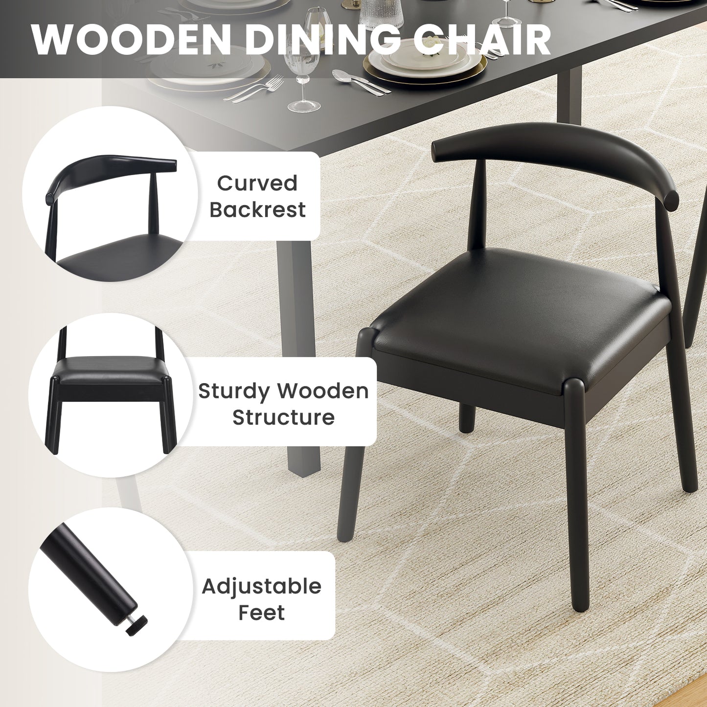 Farini Mid-Century Dining Chairs Set of 2, Solid Wood Frame & PU Leather Upholstered Seats, Black