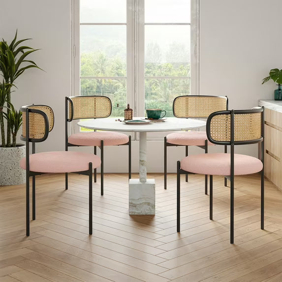 Farini Upholstered Dining Chair Set of 4, Rattan Backrest Kitchen Chair, Pink