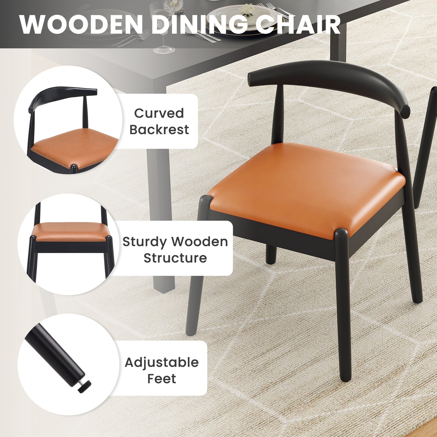 Farini Mid-Century Dining Chairs Set of 4, Solid Wood Frame & PU Leather Upholstered Seats, Black-Whiskey Brown