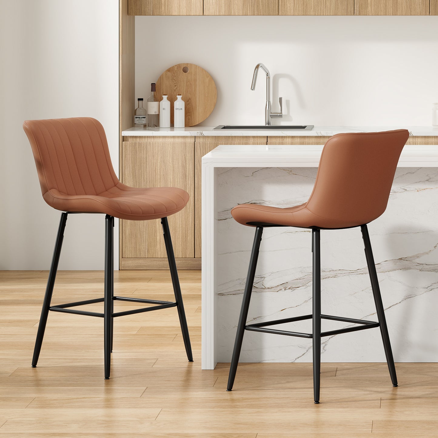 Farini 26" Counter Stools Set of 2, Faux Leather Barstools, Counter Height Chairs for Kitchen Islands & Dining Rooms, Brown