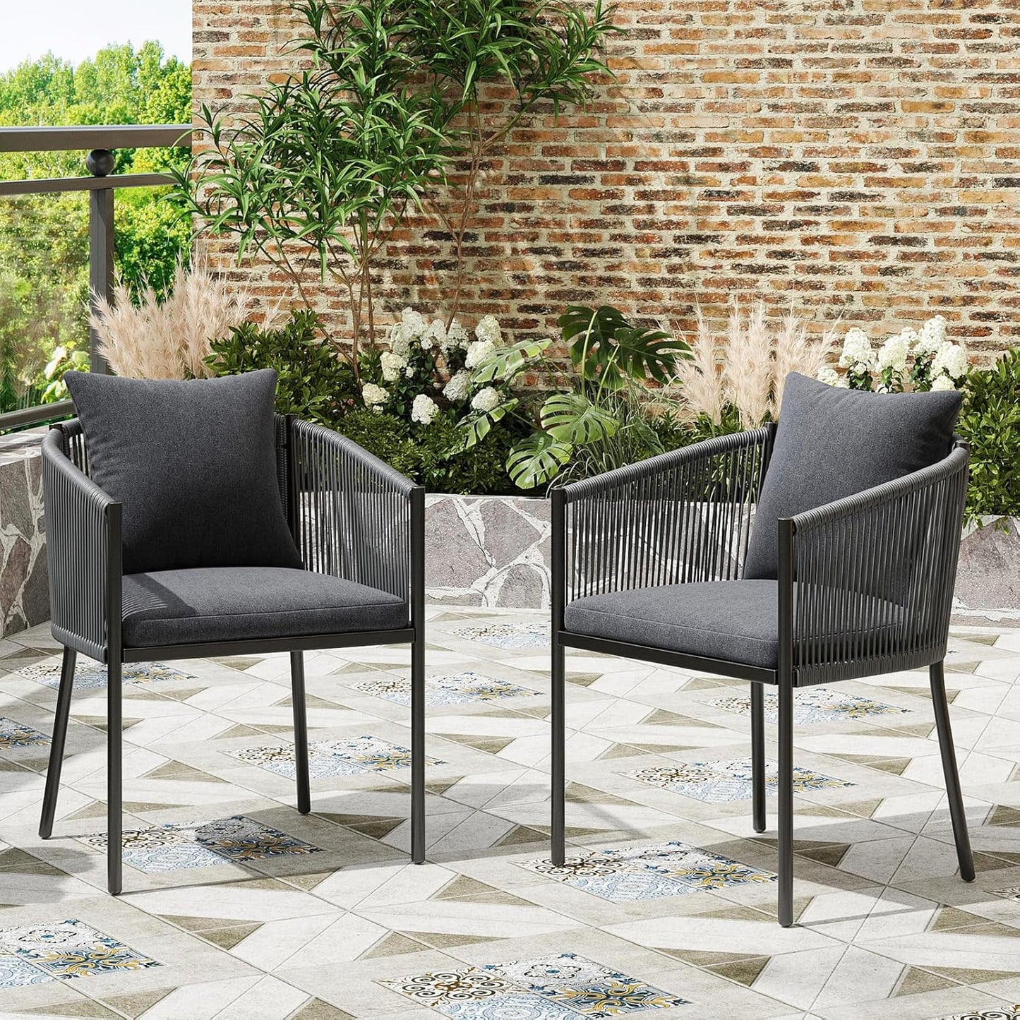 Farini Outdoor Dining Set, Patio Table and Chairs Set, Rattan Wicker Patio Chair Cushions and 1 Outdoor Table Plastic Wooden Top for Lawn, Deck Backyard, Poolside