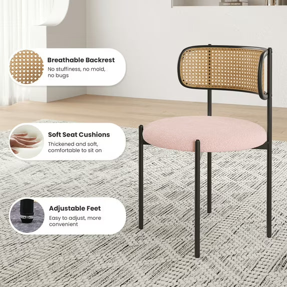 Farini Upholstered Dining Chair Set of 4, Rattan Backrest Kitchen Chair, Pink