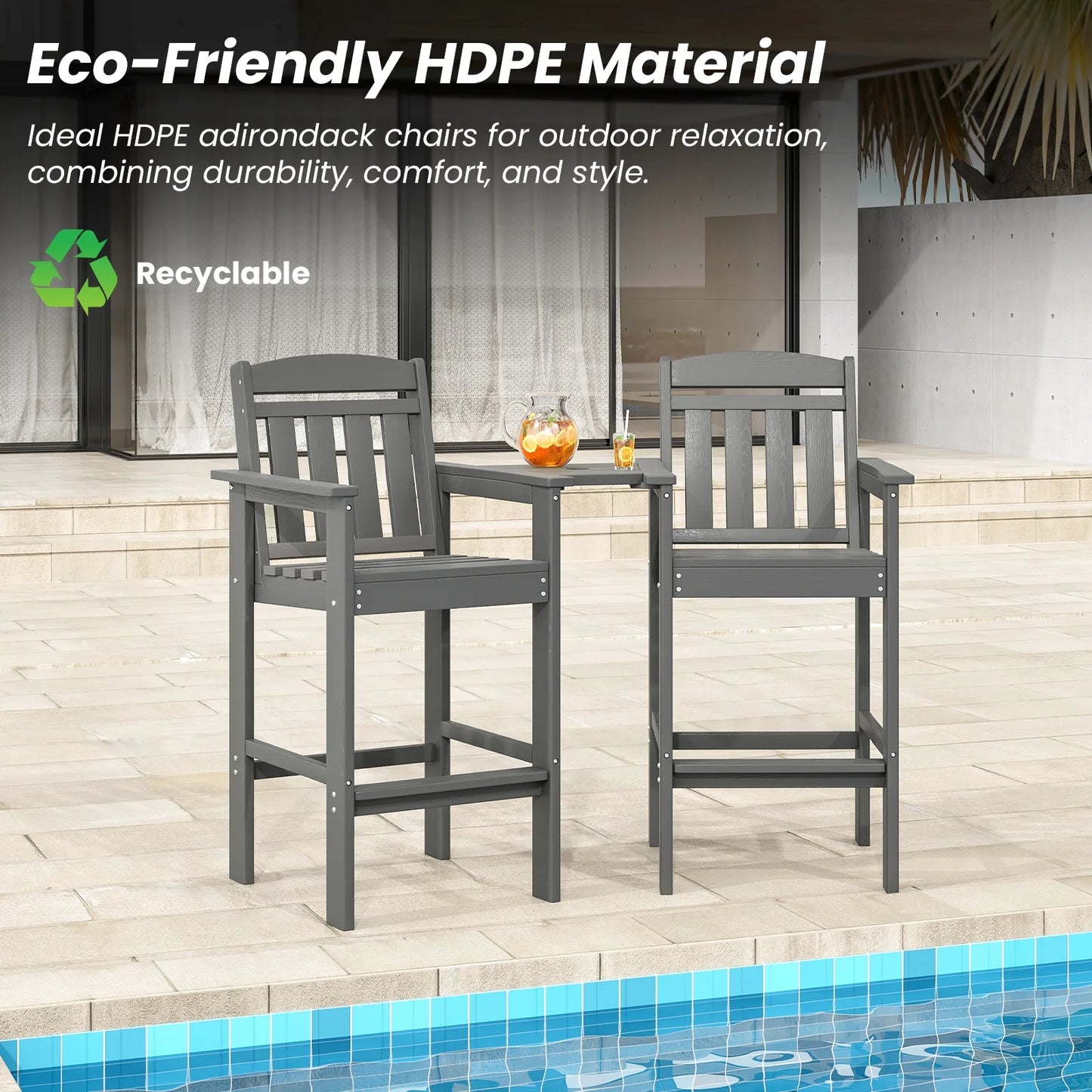 Farini Tall Adirondack Chairs Set of 2, HDPE Adirondack Bar Stools with Connecting Tray, Bar Height Adirondack Chair Patio Barstool, Ideal All Weather Tall Patio Chair for Balcony, Poolside, Backyard