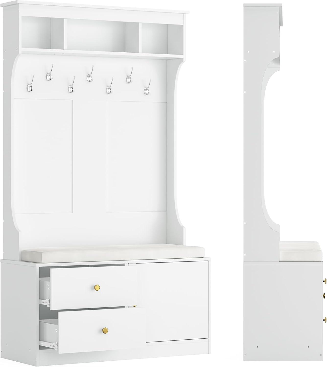 Farini Hall Tree with Bench and Shoe Storage, Mud Room Bench with Storage and Seating, Hall Tree with Shoe Storage with 7 Hooks, 6-in-1 Farmhouse Hall Tree with Bench for Entryway, 70.9", White