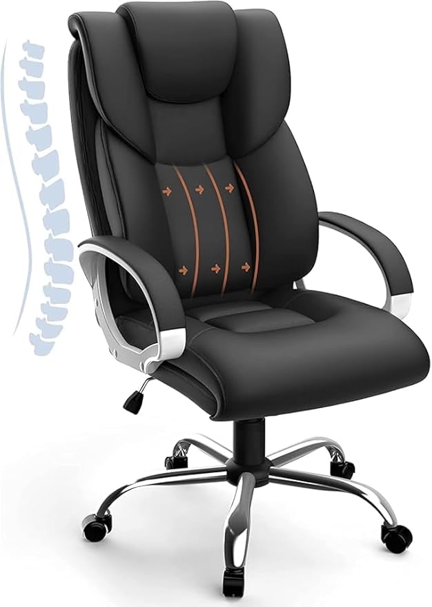 Farini Bürostuhl Hohe Rückenlehne ergonomische Stühle mit gepolsterten Kissen, PU-Leder-Stühle mit Verstellbarer Lendenwirbelstütze und Glatte Rollen Räder