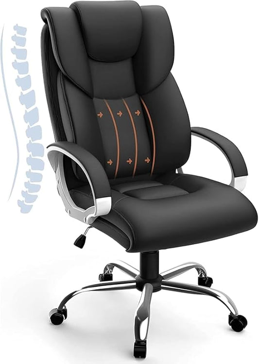 Farini Bürostuhl Hohe Rückenlehne ergonomische Stühle mit gepolsterten Kissen, PU-Leder-Stühle mit Verstellbarer Lendenwirbelstütze und Glatte Rollen Räder
