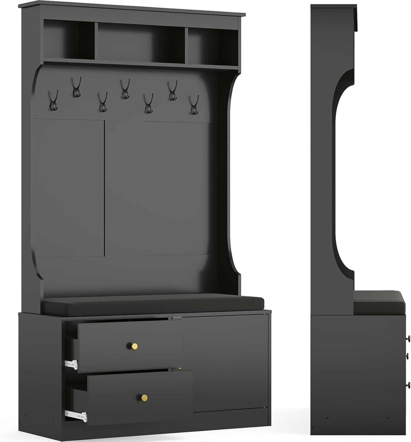 Farini Mud Room Bench with Seating and Shoe Storage, 6-in-1 Farmhouse Hall Tree with 7 Hooks, 70.9" Black