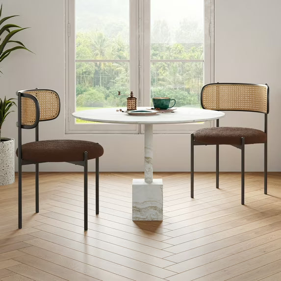 Farini Upholstered Dining Chair Set of 2, Rattan Backrest Kitchen Chair, Coffee