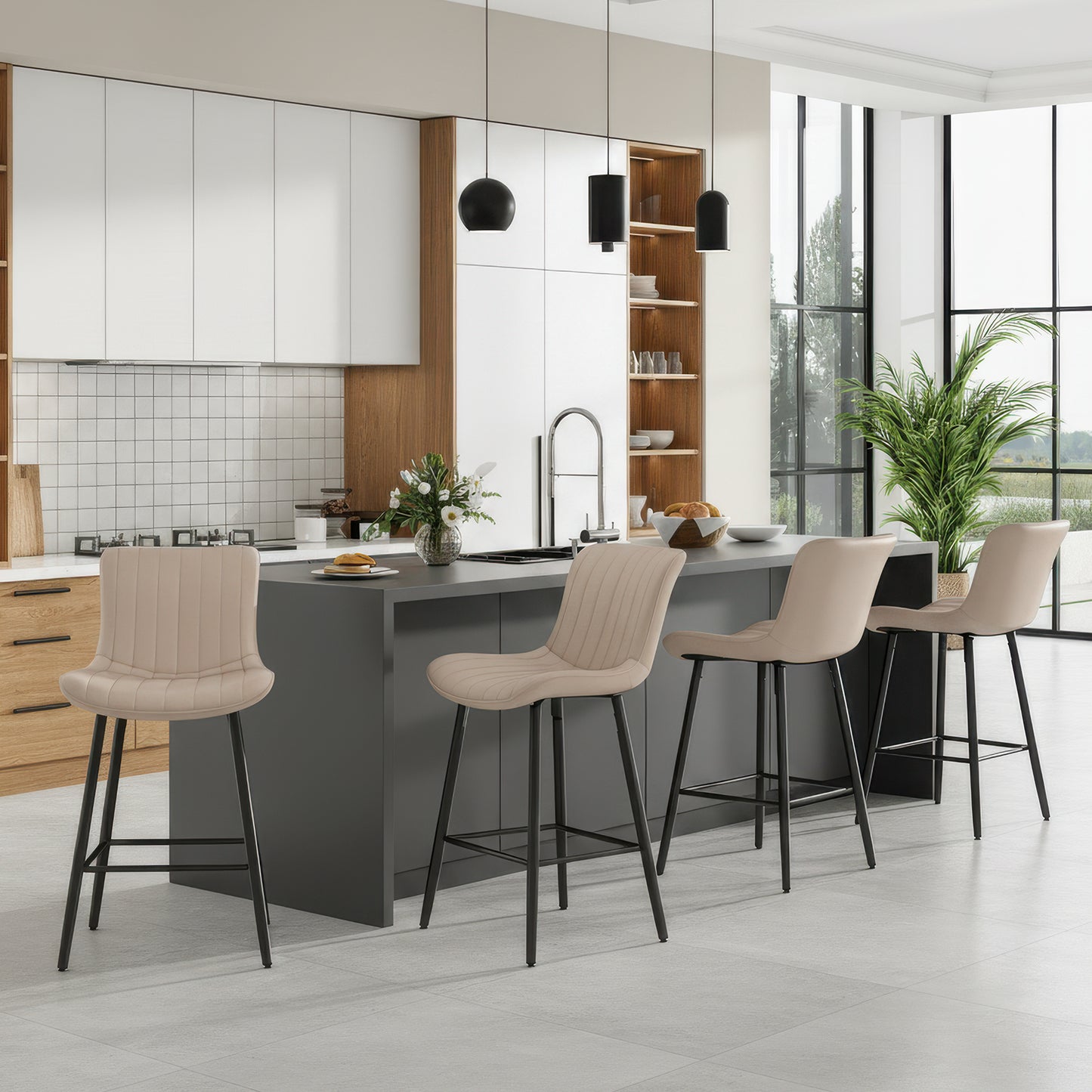 Farini 26" Counter Stools Set of 4, Faux Leather Barstools, Counter Height Chairs for Kitchen Islands & Dining Rooms, Khaki