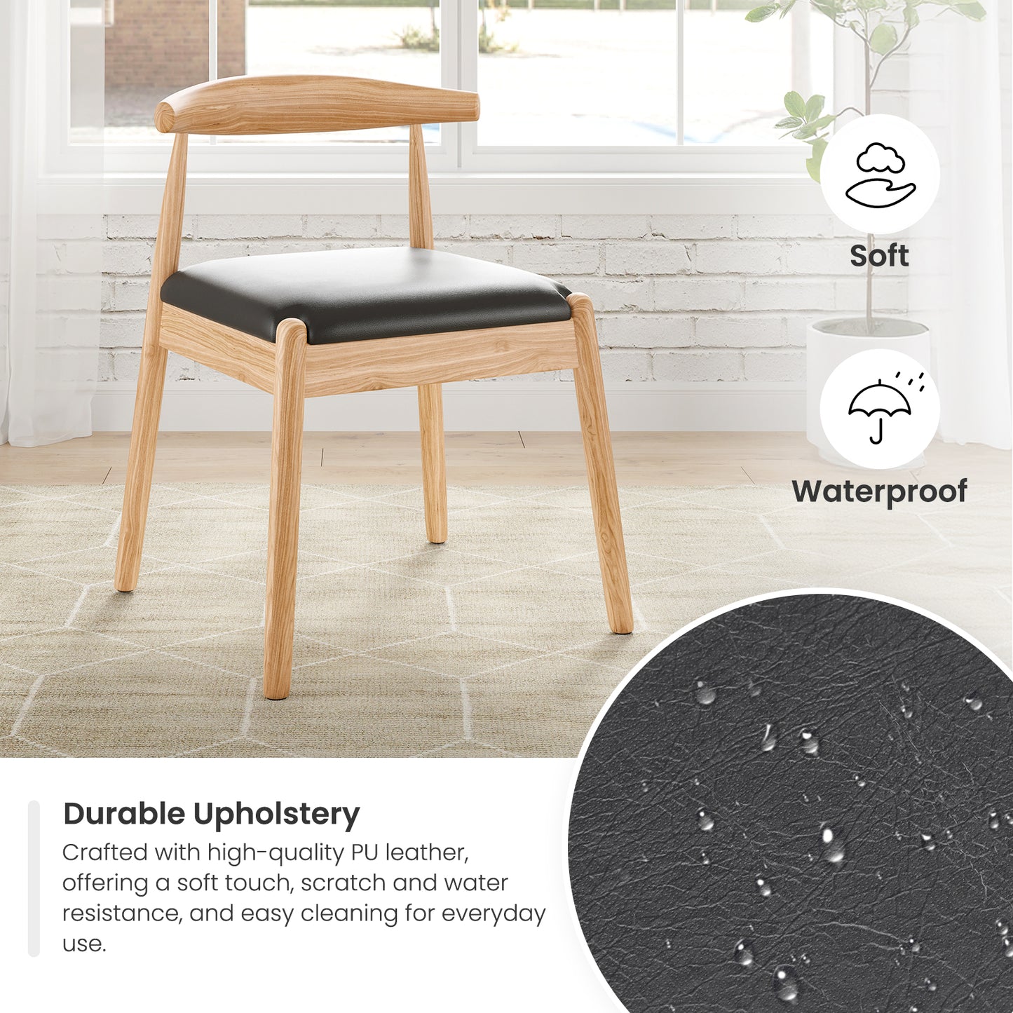 Farini Mid-Century Dining Chairs Set of 2, Solid Wood Frame & PU Leather Upholstered Seats, Nature-Black