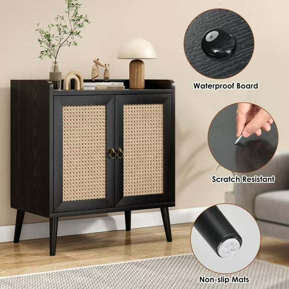 Farini Sideboard Buffet Cabinet Bar Cabinets with Rattan Decorated Doors(Black)