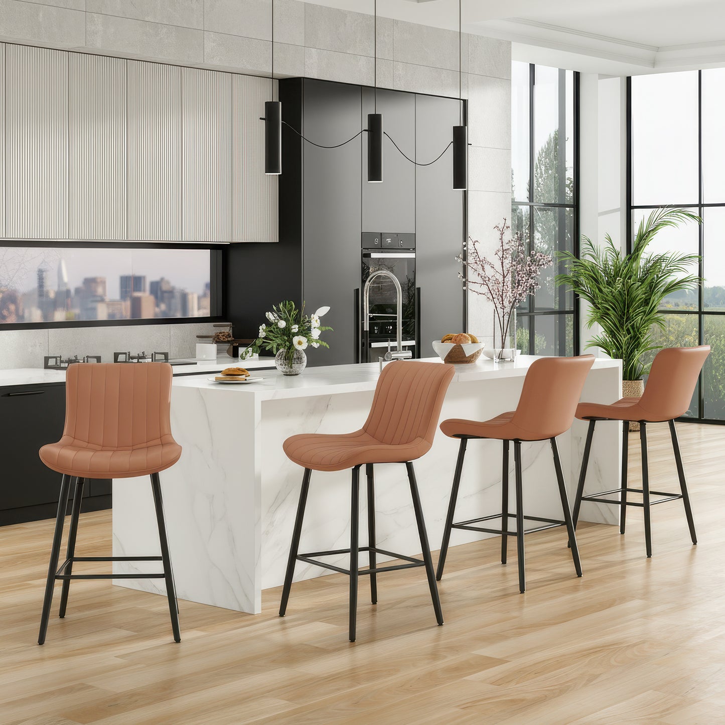 Farini 26" Counter Stools Set of 4, Faux Leather Barstools, Counter Height Chairs for Kitchen Islands & Dining Rooms, Brown