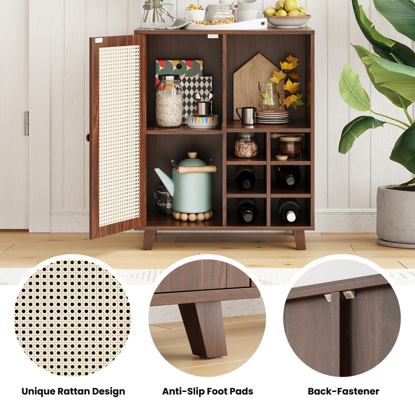 Farini Sideboard Buffet Cabinet, Bar Cabinet with Wine Racks and Adjustable Shelf for Kitchen, Living Room, Home Bar, Walnut