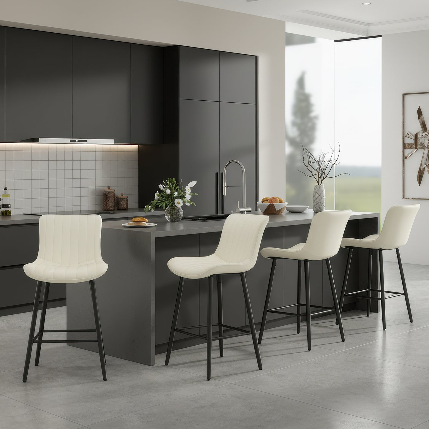 Farini 26" Counter Stools Set of 4, Faux Leather Barstools, Counter Height Chairs for Kitchen Islands & Dining Rooms, Beige