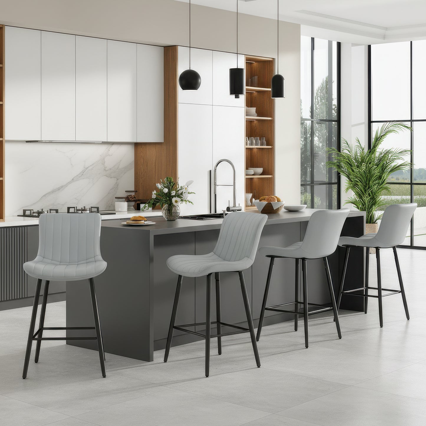 Farini 26" Counter Stools Set of 4, Faux Leather Barstools, Counter Height Chairs for Kitchen Islands & Dining Rooms, Gray