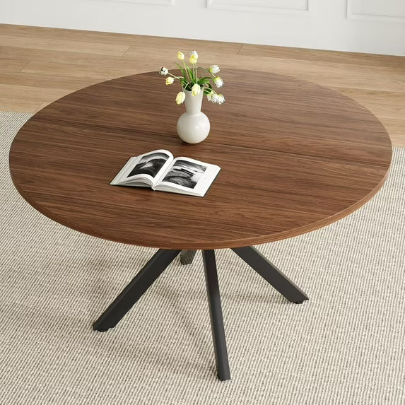 Farini 47" Round Dining Table, Mid-Century Modern Wood Table with Metal Base, Seats 4-6, for Kitchen or Dining Room, Walnut