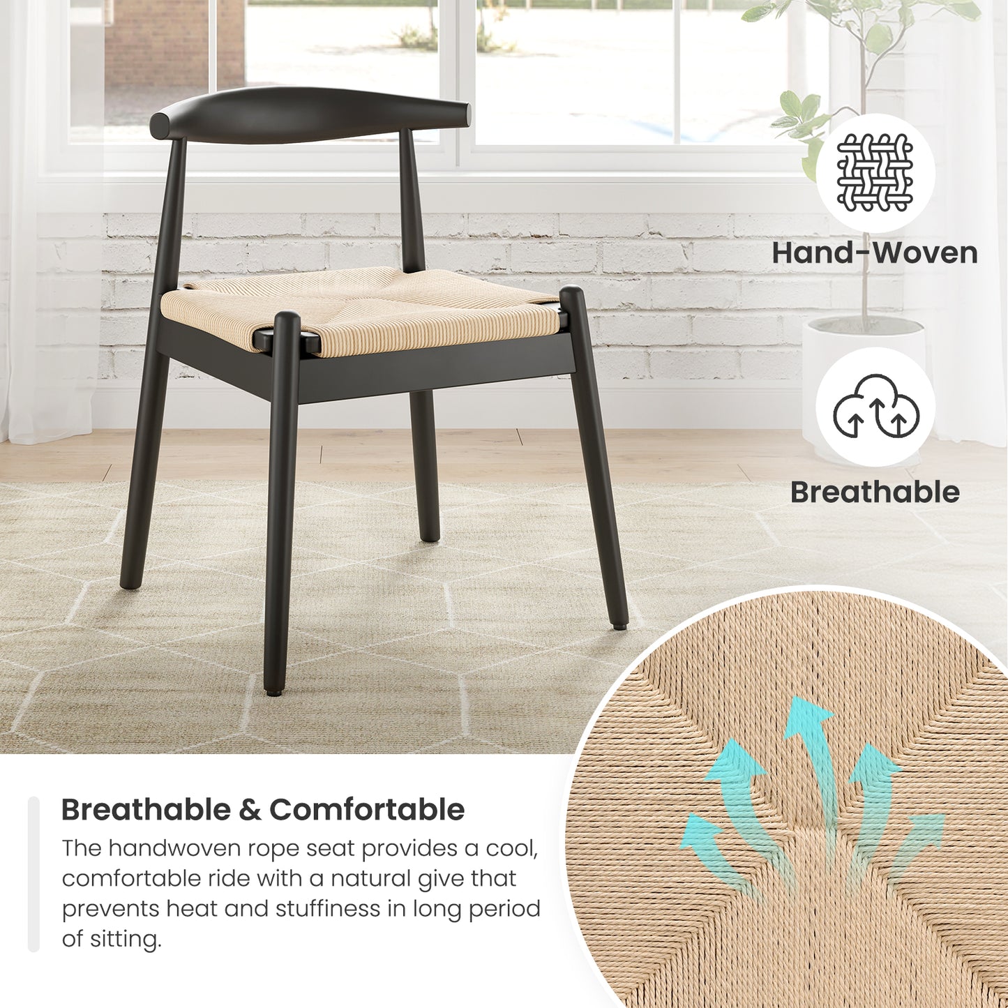 Farini Mid-Century Dining Chairs Set of 2, Solid Wood Frame & Woven Leather Seats, Black-Beige