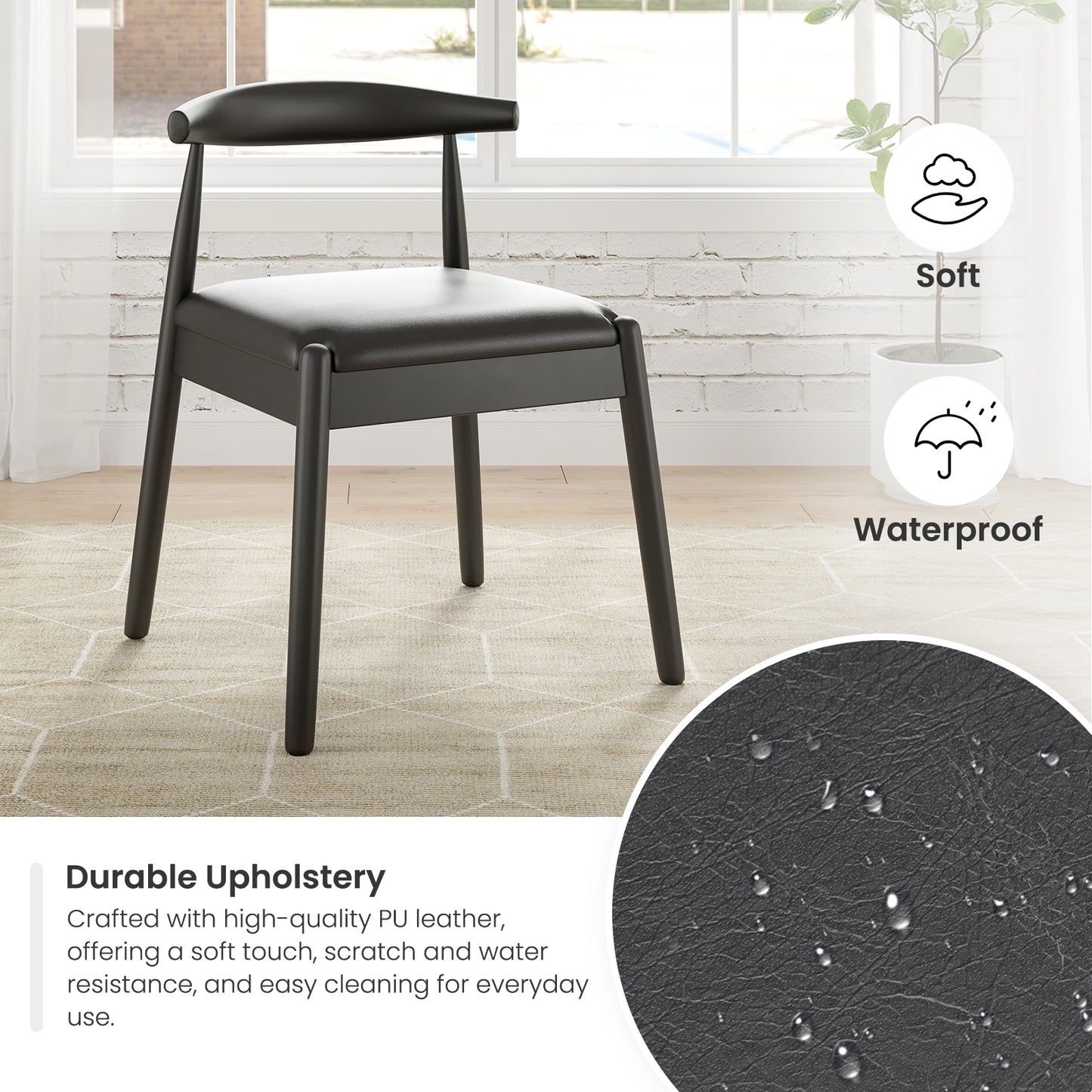 Farini Mid-Century Dining Chairs Set of 2, Solid Wood Frame & PU Leather Upholstered Seats, Black
