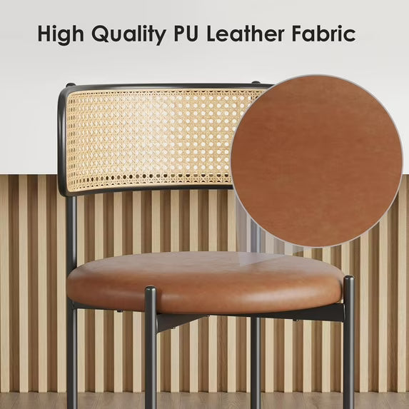 Farini Dining Chairs Set of 4, Upholstered PU Leather & Woven Rattan Side Chairs with Metal Legs for Kitchen, Dining Room, or Cafe, Brown