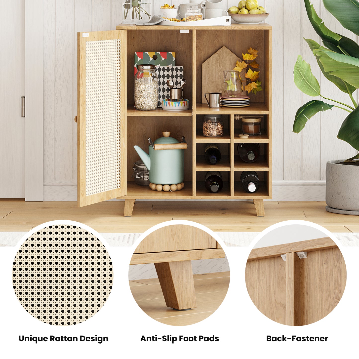 Farini Sideboard Buffet Cabinet, Bar Cabinet with Wine Racks and Adjustable Shelf for Kitchen, Living Room, Home Bar, Nature