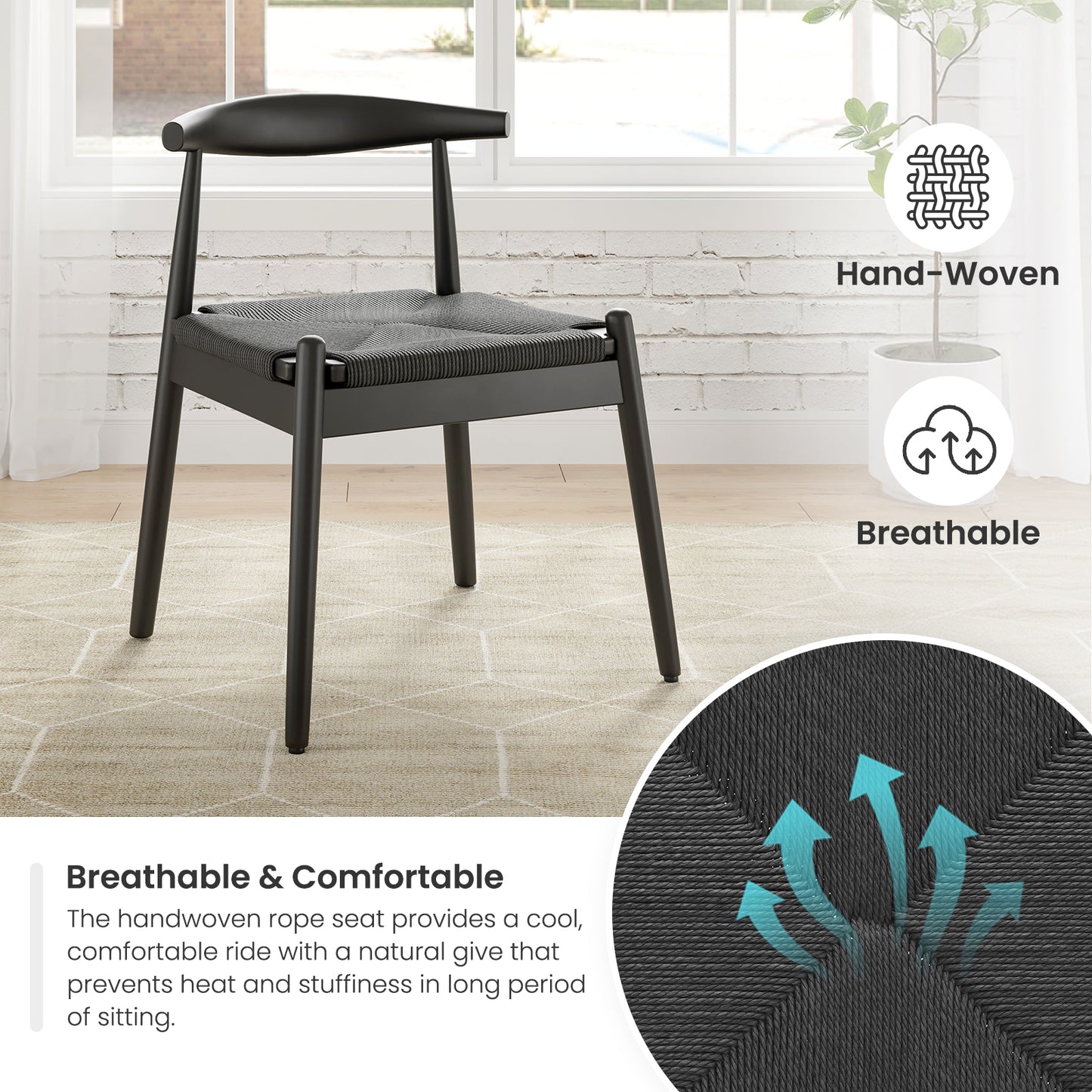 Farini Mid-Century Dining Chairs Set of 2, Solid Wood Frame & Woven Leather Seats, Black