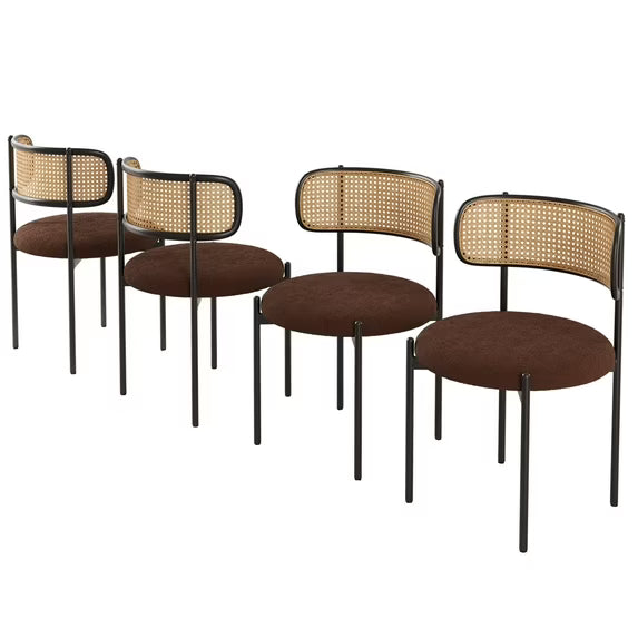 Farini Upholstered Dining Chair Set of 4, Rattan Backrest Kitchen Chair, Coffee