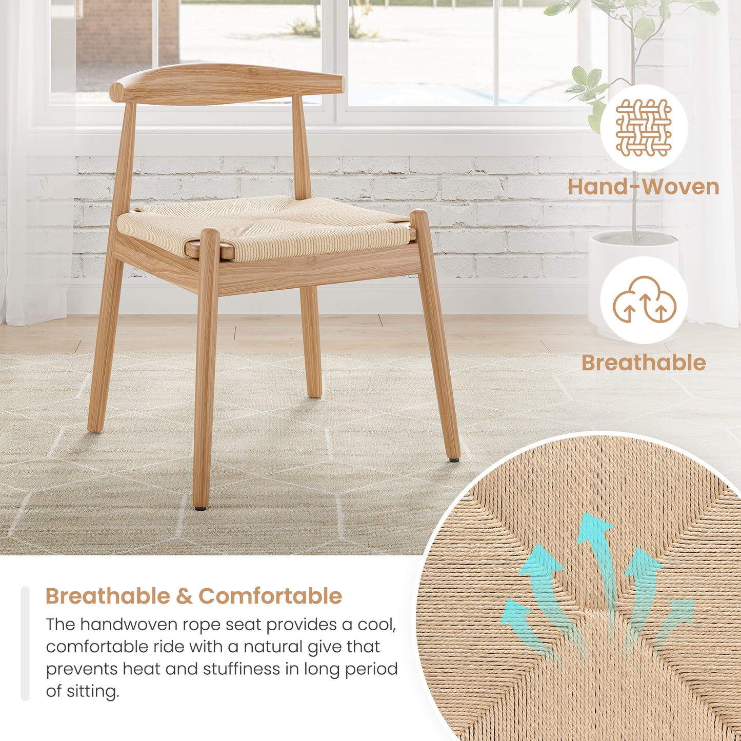 Farini Mid-Century Dining Chairs Set of 2, Solid Wood Frame & Woven Leather Seats, Nature-Beige
