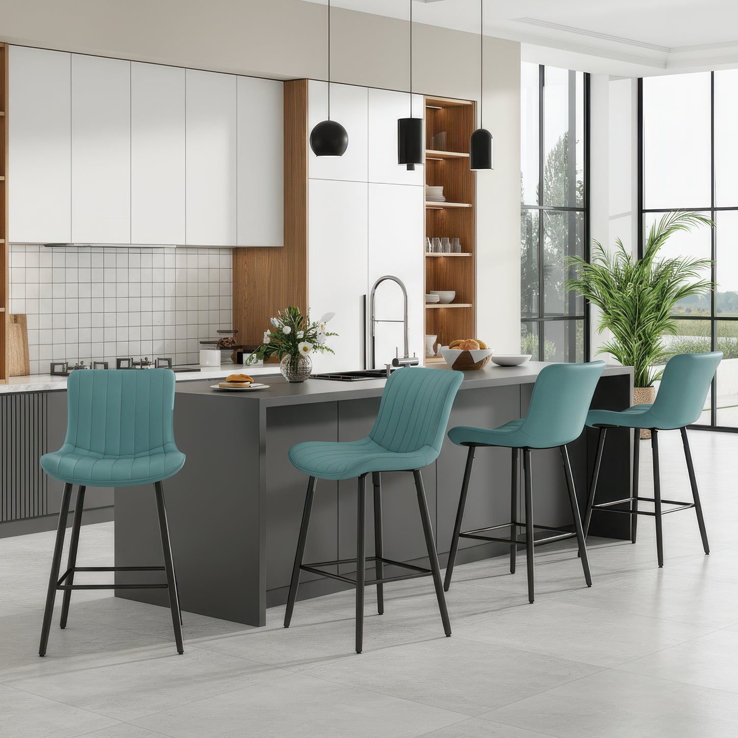 Farini 26" Counter Stools Set of 4, Faux Leather Barstools, Counter Height Chairs for Kitchen Islands & Dining Rooms, Green