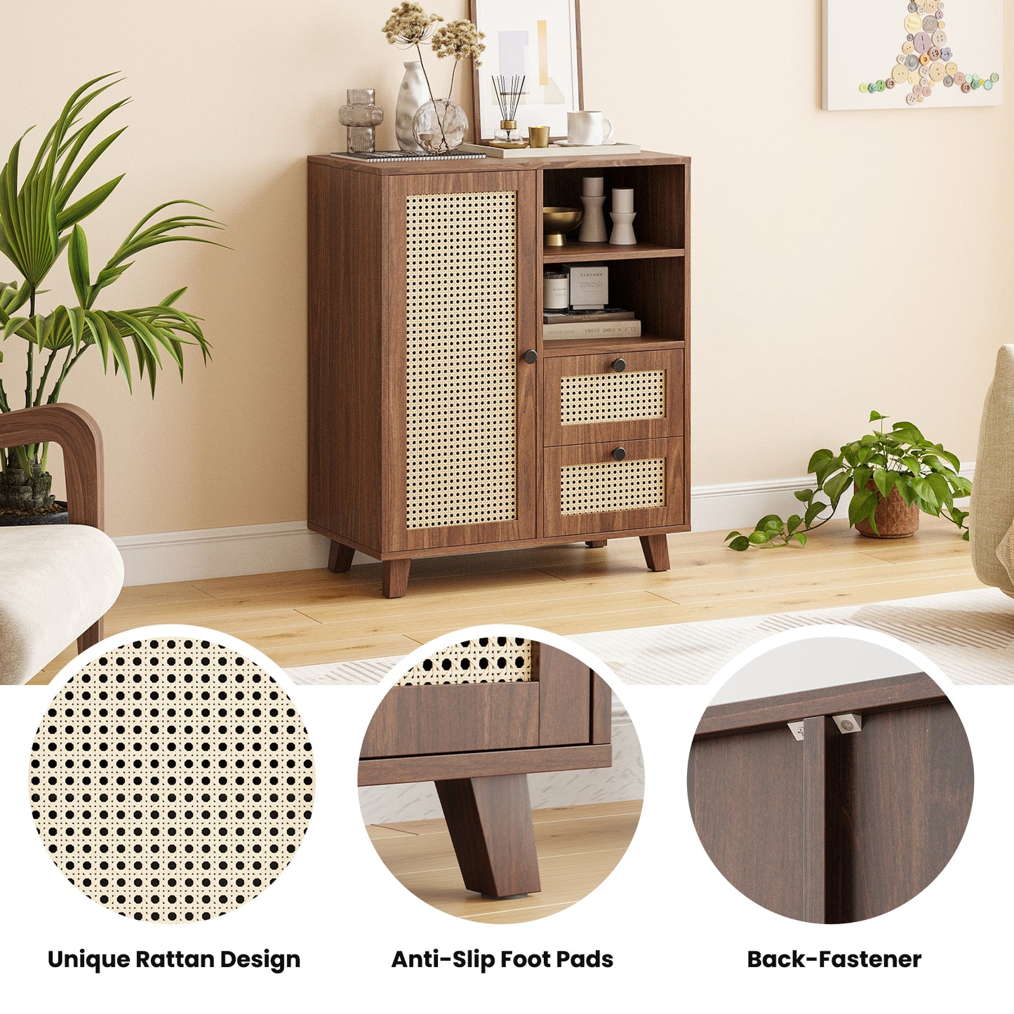 Farini Sideboard Buffet Cabinet, Accent Cabinet with Drawers and Adjustable Shelf for Kitchen, Living Room, Entryway, Walnut