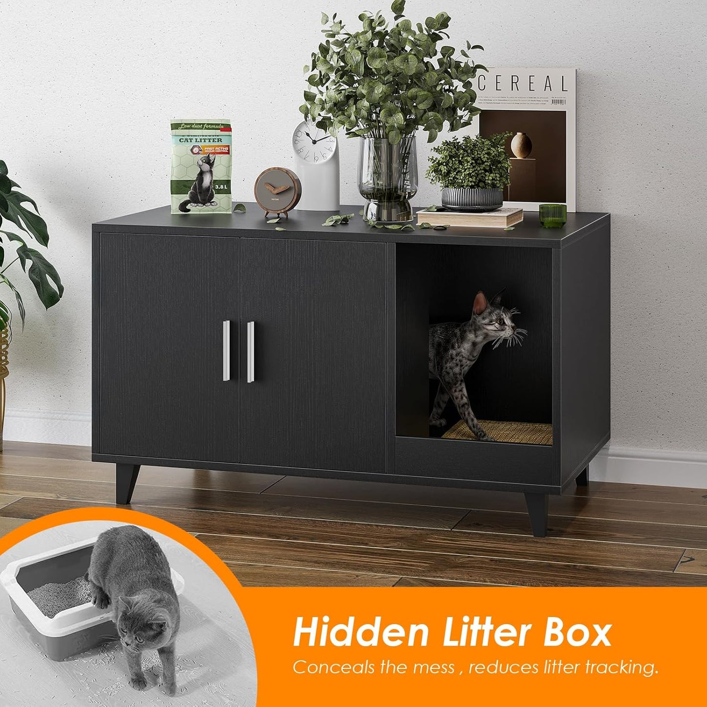 Farini Hidden Cat Litter Box Enclosure Furniture with Scratching Mat, Black