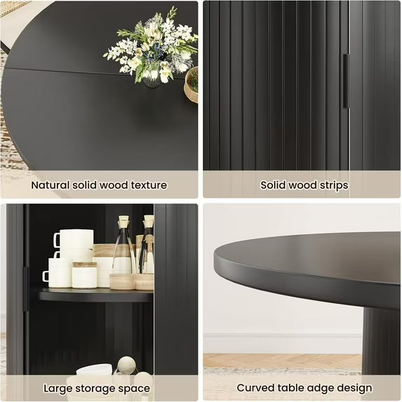 Farini 43" Round Dining Table, Modern Wood Kitchen Table with Hidden Storage & Metal Base, Seats 4, for Dining Room or Kitchen, Black