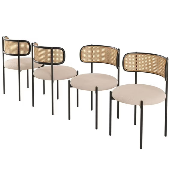 Farini Upholstered Dining Chair Set of 4, Rattan Backrest Kitchen Chair, Light Brown