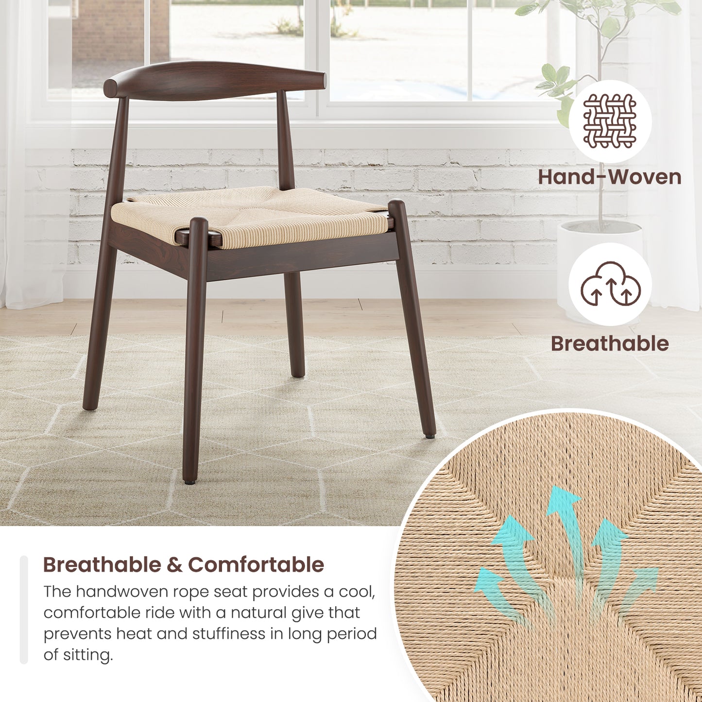Farini Mid-Century Dining Chairs Set of 2, Solid Wood Frame & Woven Leather Seats, Latte-Beige