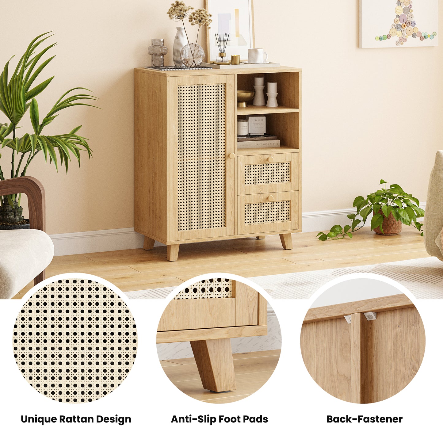 Farini Sideboard Buffet Cabinet, Accent Cabinet with Drawers and Adjustable Shelf for Kitchen, Living Room, Entryway, Nature