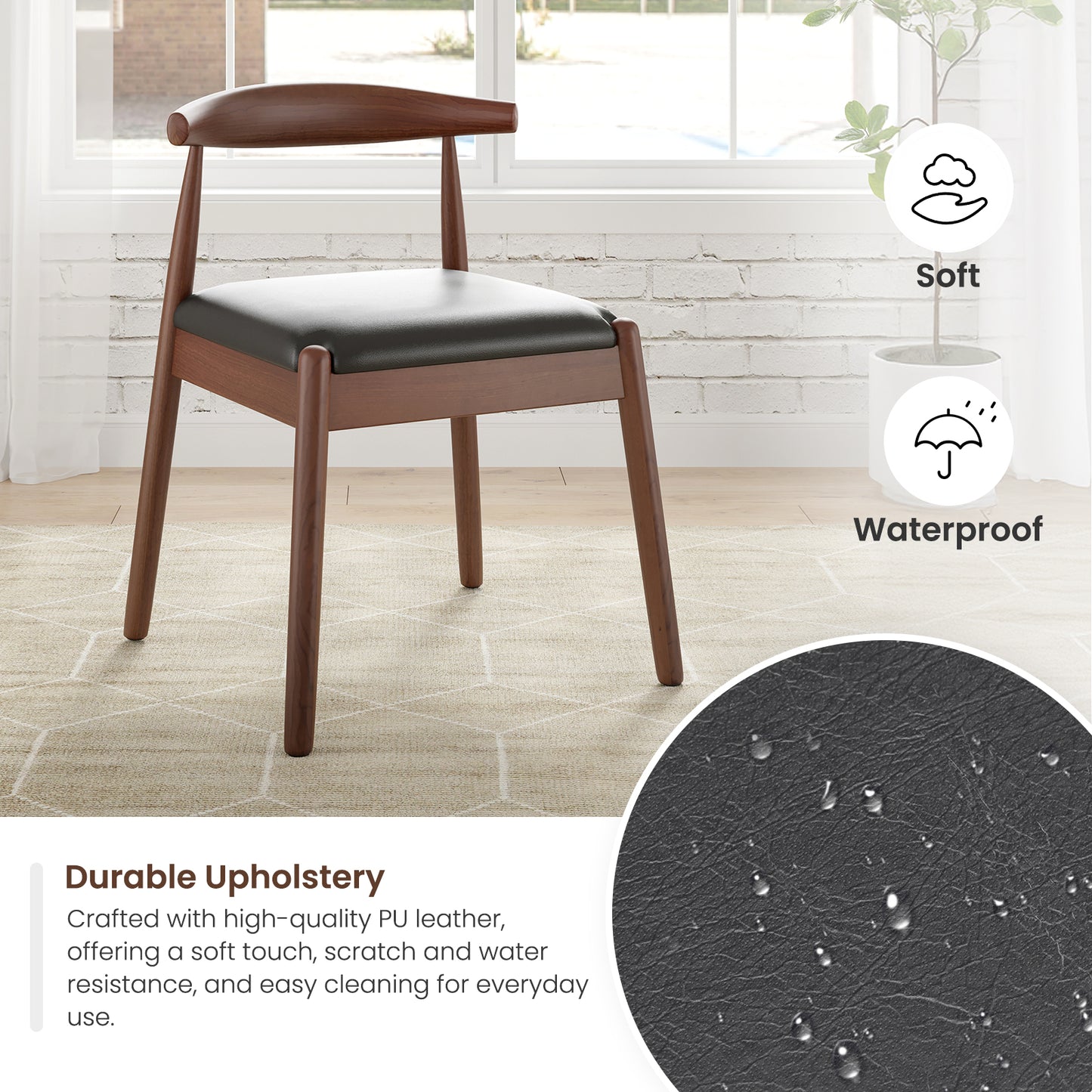 Farini Mid-Century Dining Chairs Set of 2, Solid Wood Frame & PU Leather Upholstered Seats, Walnut-Black