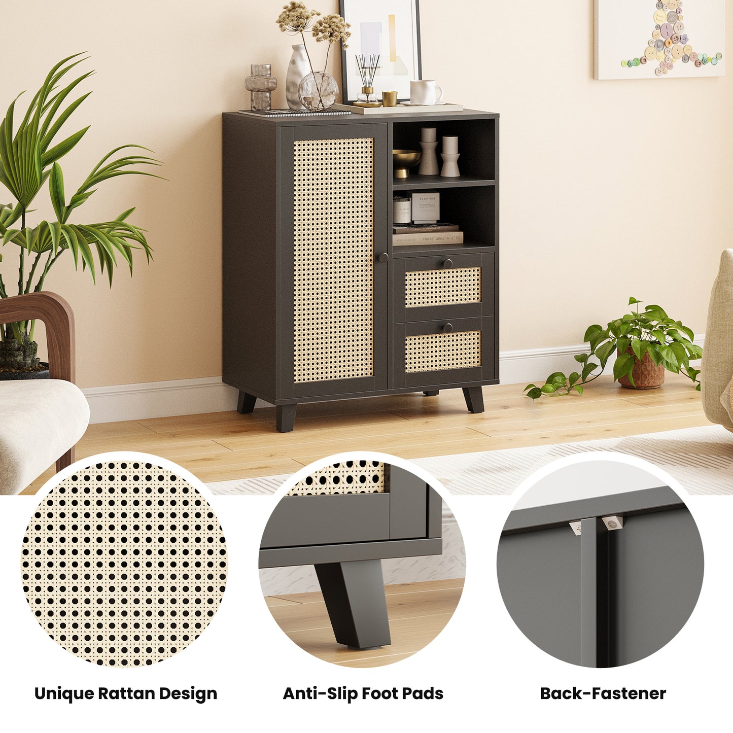Farini Sideboard Buffet Cabinet, Accent Cabinet with Drawers and Adjustable Shelf for Kitchen, Living Room, Entryway, Black