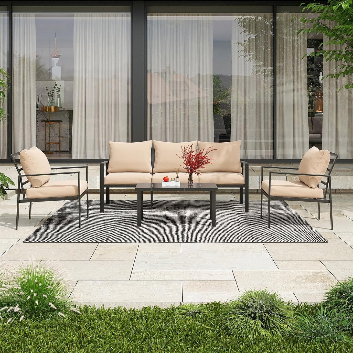 Farini Outdoor conversation sets, Metal Patio Furniture Set with 2 Single Sofas, Loveseat & Coffee Table, for Garden, Backyard, Balcony